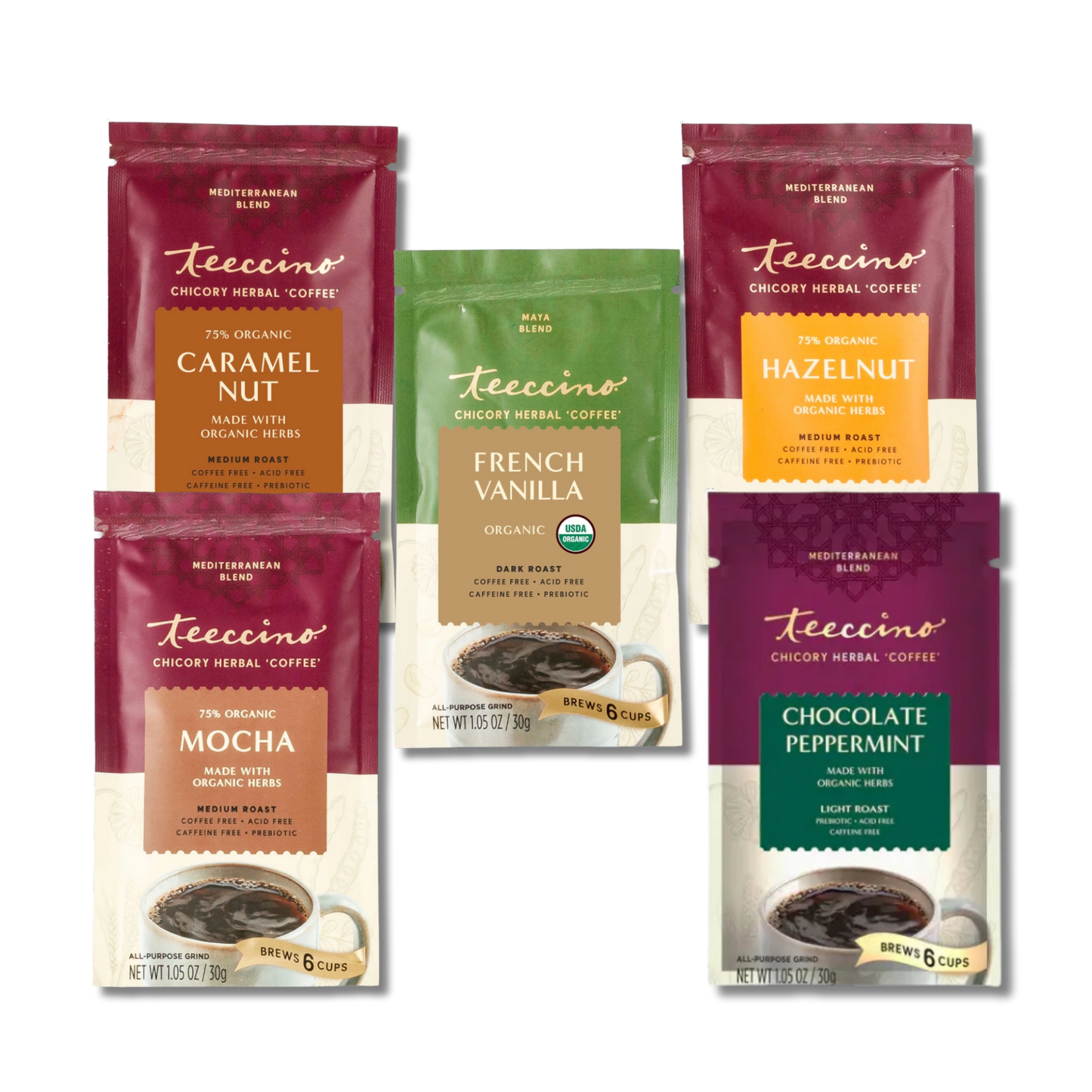 VitalWe Herbal Coffee Sampler – 5 Flavors | Caffeine-Free | 30 Cups