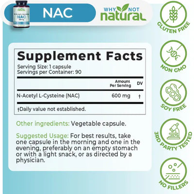 Natural NAC Supplement 600 mg, n-Acetyl cysteine Capsules