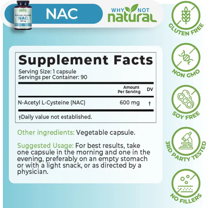 Natural NAC Supplement 600 mg, n-Acetyl cysteine Capsules